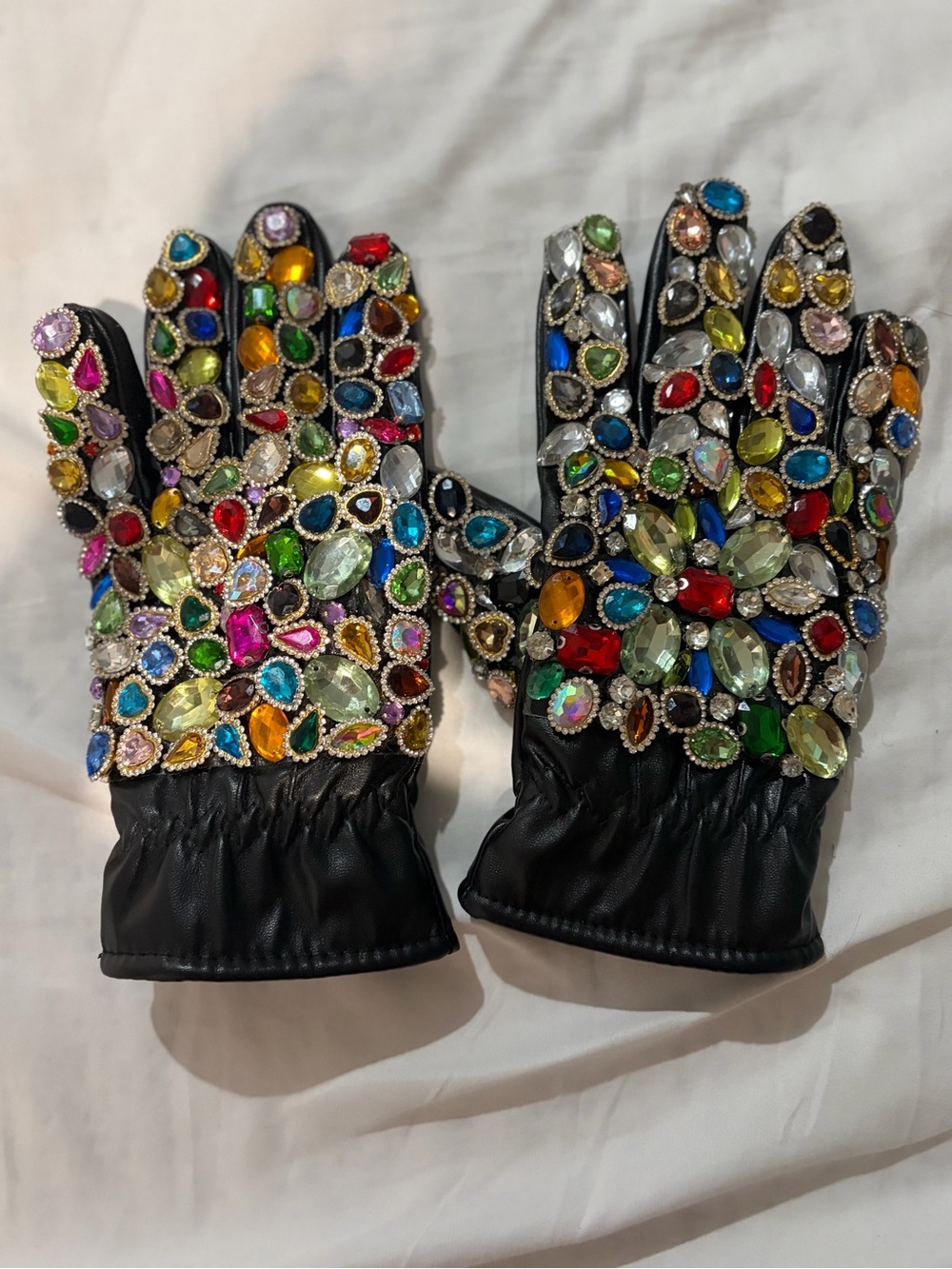 AKIRA Black Jeweled Leather Gloves with Multicolor Gems - Picture 5 of 7